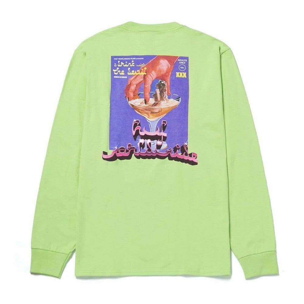 HUF Men's Drinking W The Devil Long Sleeve Tee T-Shirt - Lime